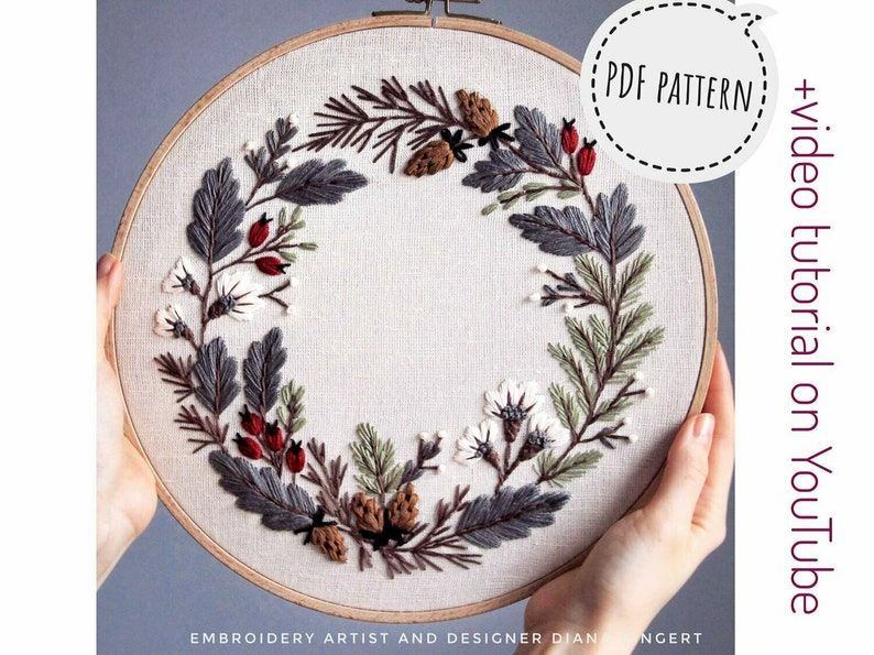 Pdf pattern video tutorial Winter Floral Wreath 25/26 cm 10 inch hand embroidery floral design, for beginners. Digital download image 3