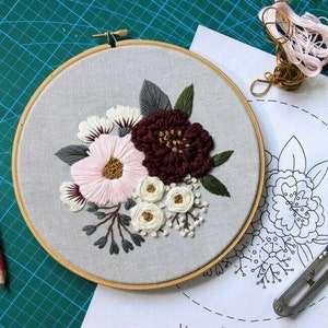 Pdf pattern video tutorial Pink and Burgundy Peonies 17,5/20 cm 7, 8 inch hand embroidery flower design. Digital download image 9