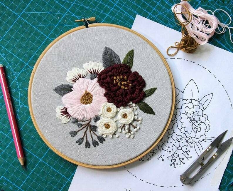 Pdf pattern video tutorial Pink and Burgundy Peonies 17,5/20 cm 7, 8 inch hand embroidery flower design. Digital download image 9