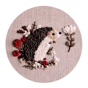 Pdf pattern video tutorial Hedgehog 15 cm 6 inch hand embroidery cute animal design, floral elements. Digital download, for beginners image 2