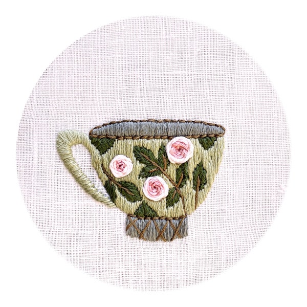 Pdf pattern "Cup of Tea" 15 cm (6 inch) hand embroidery design, for beginners. Digital download, printable template, PDF guide