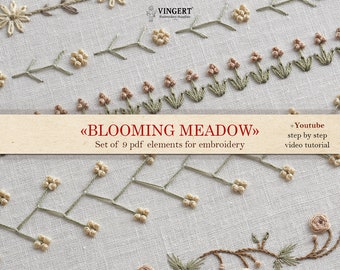 Set of 9 pdf patterns "Blooming meadow" ornaments + video tutorial. Printable templates for flower hand embroidery on clothes/fabric