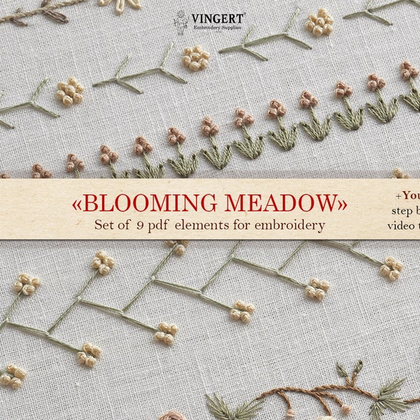 Set of 9 pdf patterns "Blooming meadow" ornaments + video tutorial. Printable templates for flower hand embroidery on clothes/fabric