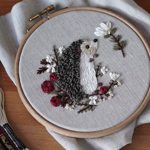 Pdf pattern video tutorial Hedgehog 15 cm 6 inch hand embroidery cute animal design, floral elements. Digital download, for beginners image 10