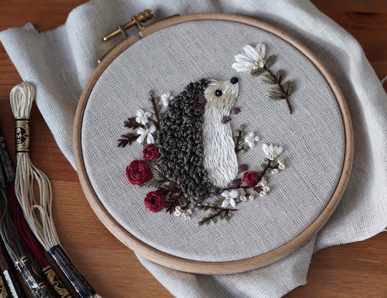 Pdf pattern video tutorial Hedgehog 15 cm 6 inch hand embroidery cute animal design, floral elements. Digital download, for beginners image 10