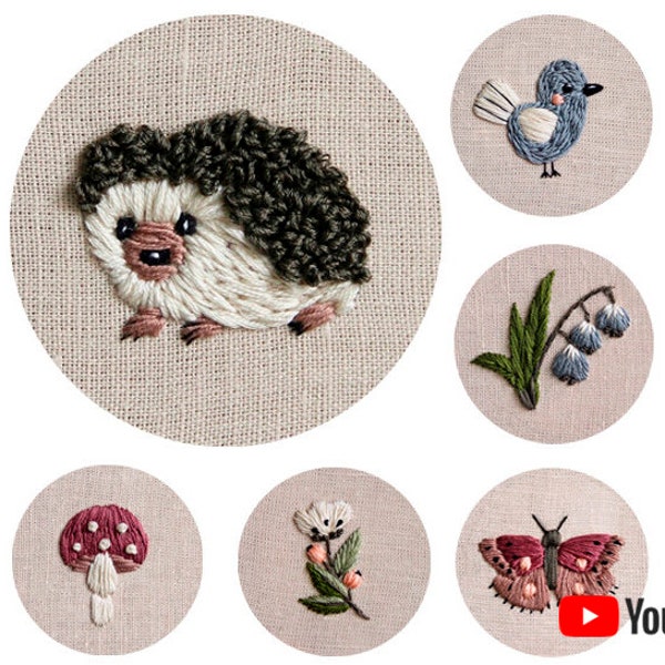 Pdf pattern + video tutorial "11 elements for embroidery". Hand stitching floral & animal natural designs for beginners. Digital download