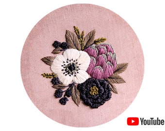 Pdf pattern + video tutorial "Anemone and Artichoke" 20 cm (8 inch) hand embroidery flower design. Digital download, for beginners