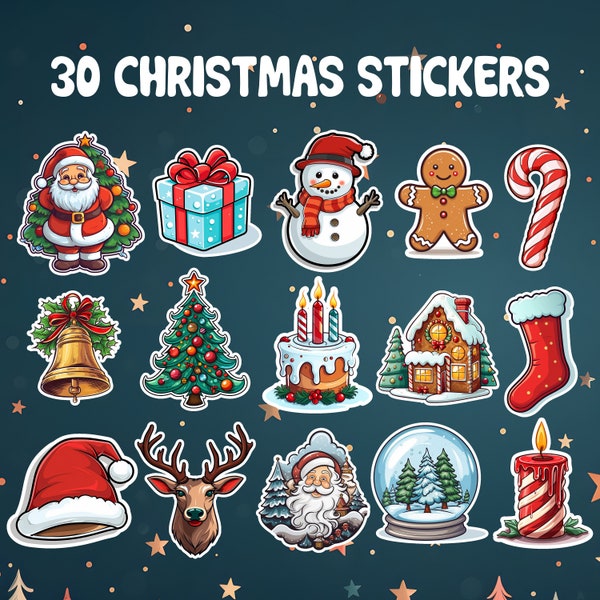 Stickers de Noël, 30 modèles d'autocollants PNG numériques uniques, téléchargement immédiat, impression et feuilles découpées, pack de personnalisation de décoration de fête