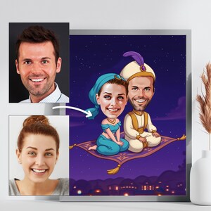 Caricatura de fantasía oriental personalizada, retrato de dibujos animados de pareja en alfombra mágica, arte digital de cielo nocturno, regalo estilo Las mil y una noches