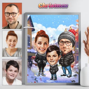 Aangepaste cartoonanimatie, gepersonaliseerd familieportret, vakantiekarikatuur, portret in cartoonstijl, digitale tekeningen en illustratie