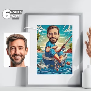Custom Cartoon Fisherman Portrait - From Your Photo, Unique Gift for Fishermen, Cartoon Style, Digital Download