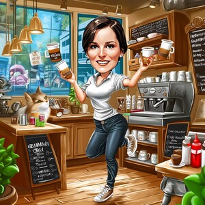 Op de afbeelding: Een cartoonillustratie van een vrouw in een wit shirt en blauwe jeans die twee kopjes koffie vasthoudt in een koffiebar. De winkel heeft een houten vloer, een koffiemachine en een menu op een krijtbord met de woorden "Gosinori Talk" erop.