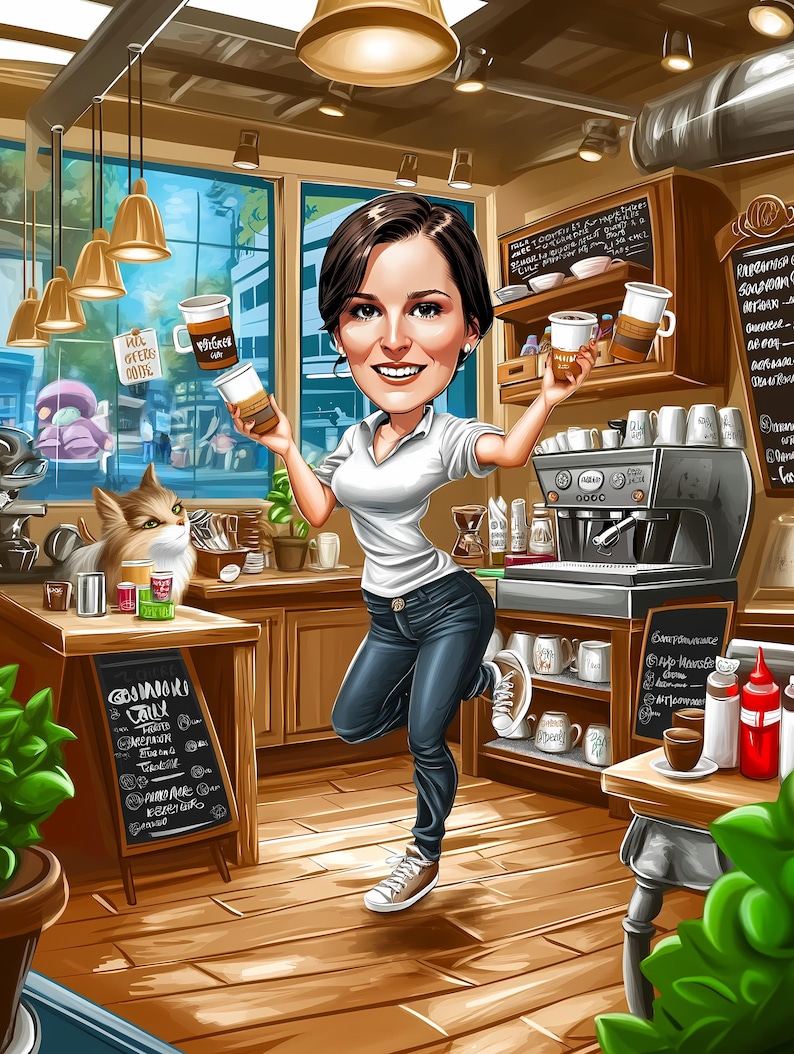 Op de afbeelding: Een cartoonillustratie van een vrouw in een wit shirt en blauwe jeans die twee kopjes koffie vasthoudt in een koffiebar. De winkel heeft een houten vloer, een koffiemachine en een menu op een krijtbord met de woorden "Gosinori Talk" erop.