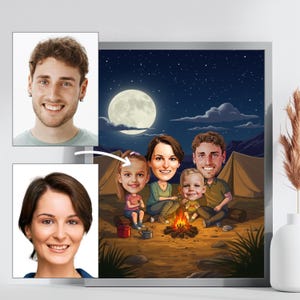 Peut inclure: Une caricature numérique d'une famille de quatre personnes faisant du camping sous une pleine lune. La famille est assise autour d'un feu de camp, les parents de chaque côté et les deux enfants au milieu. Les parents sourient et les enfants regardent le feu. L'arrière-plan est une forêt sombre avec une tente au loin.