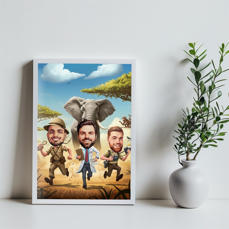 🌍 Custom safari caricature featuring a jungle explorer adventure. This wildlife portrait captures the thrill of an African safari, featuring adventurers running with an elephant in the background. Perfect as a nature wall art piece, a wildlife decor gift, or an outdoor adventure art print. Great for animal lovers, nature enthusiasts, and travelers! 🚀