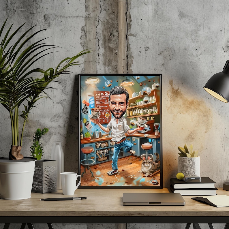 Op de afbeelding: Een digitale schildering van een karikatuur van een man in een koffiehuis. Hij draagt een wit shirt en een blauwe jeans en houdt twee kopjes koffie vast. Er zit een kat op de vloer op de achtergrond.
