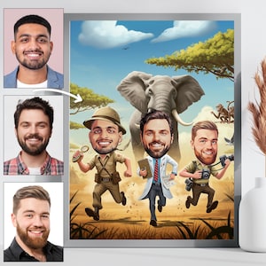 🌍 Custom safari caricature featuring a jungle explorer adventure. This wildlife portrait captures the thrill of an African safari, featuring adventurers running with an elephant in the background. Perfect as a nature wall art piece, a wildlife decor gift, or an outdoor adventure art print. Great for animal lovers, nature enthusiasts, and travelers! 🚀