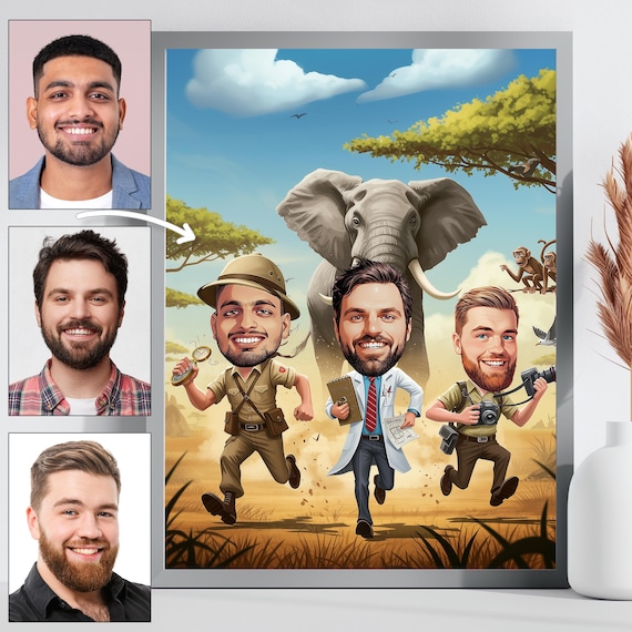 Custom Safari Caricature - Wildlife Adventure Art - Jungle Explorer Print - Personalized Nature Wall Art - African Safari Gift - Decor