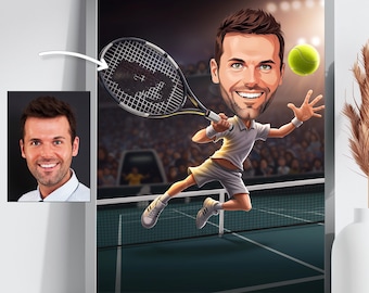 Puede incluir: Una ilustración de dibujos animados de una persona jugando al tenis. La persona lleva una camisa blanca y pantalones cortos y sostiene una raqueta de tenis. La persona está saltando en el aire y está a punto de golpear una pelota de tenis amarilla. El fondo es una cancha de tenis con una red y espectadores.