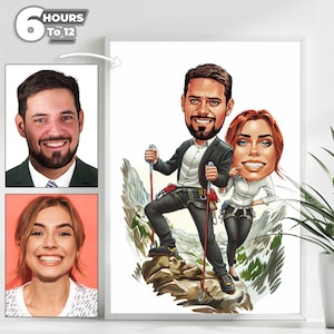 Custom Hiking Couple Caricature Portrait - From Your Photo, Personalized Gift for Outdoor Lovers, Cartoon Style, Digital Download
