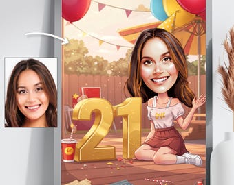 Caricatura personalizzata per il 21° compleanno - Regalo personalizzato con cartoni animati per festeggiamenti importanti e decorazioni per feste - Opera d'arte ricordo unica per lei
