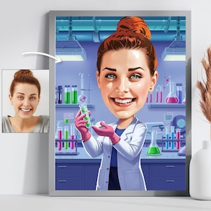 Può includere: Ritratto a cartone animato incorniciato di una donna in camice da laboratorio che tiene in mano una provetta. La donna ha i capelli rossi e sorride. Lo sfondo mostra un laboratorio con becher e altre attrezzature scientifiche.