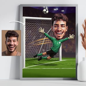 Gepersonaliseerde cartoon voetbal keeper karikatuur tekening, aangepaste voetbal kunst cadeau-idee voor keeper verjaardag & sportfan kamer decor print