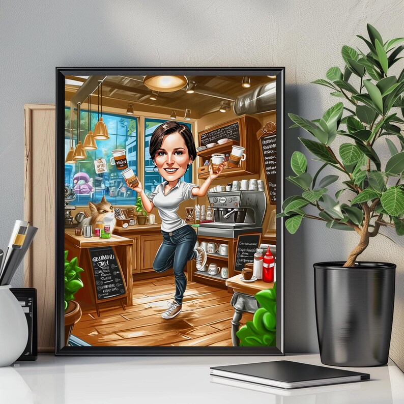 Op de afbeelding: Een cartoonillustratie van een vrouw in een wit shirt en blauwe jeans die twee kopjes koffie vasthoudt in een koffiezaak. De winkel heeft een houten toonbank, planken en een koffiemachine. Er hangt een bord met de tekst "Grandma's Chill" op de toonbank.