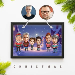 Aangepaste cartoonanimatie, gepersonaliseerd familieportret, vakantiekarikatuur, portret in cartoonstijl, digitale tekeningen en illustratie
