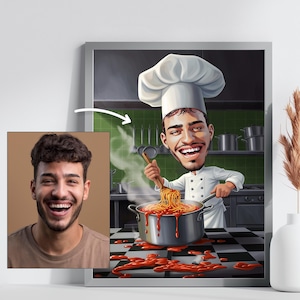 Benutzerdefinierte Koch Porträt, personalisierte Küchen Karikatur vom Foto, Kochen Digitale Wandkunst, Restaurant Dekor Geschenk, italienische Koch Zeichnung