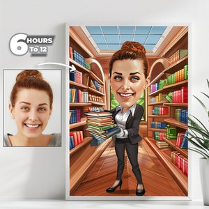 May include: A framed caricature of a woman in a library, holding a stack of books. She wears a black suit and white shirt. The background shows bookshelves filled with colorful books. The image includes the text "6 HOURS TO 12".