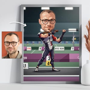 Caricature personnalisée de tireur de biathlon, cadeau d&#39;art drôle de dessin animé personnalisé, portrait numérique unique pour tireur d&#39;élite et amateur de tir