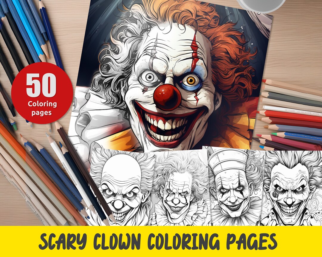 50 Scary Clown Coloring Pages, Grayscale Clown Coloring Book, Creepy ...