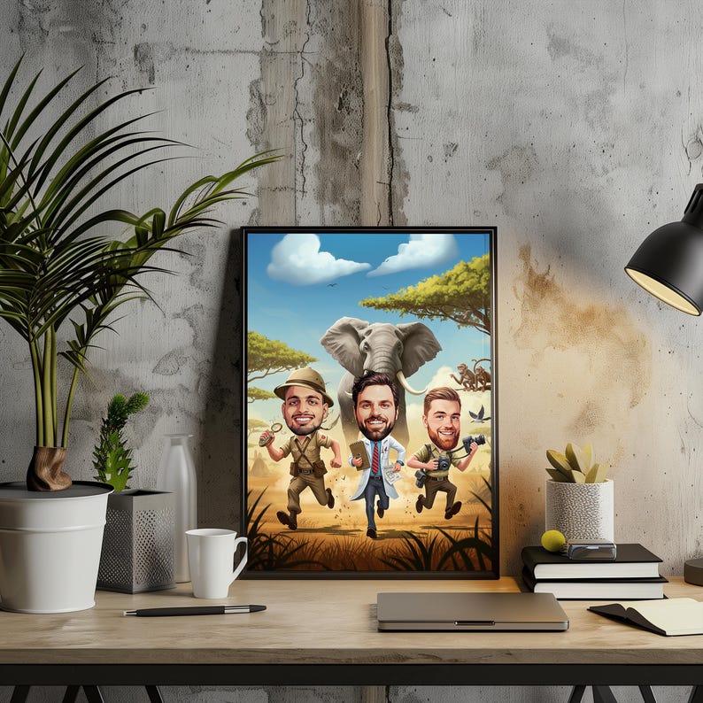 🌍 Custom safari caricature featuring a jungle explorer adventure. This wildlife portrait captures the thrill of an African safari, featuring adventurers running with an elephant in the background. Perfect as a nature wall art piece, a wildlife decor gift, or an outdoor adventure art print. Great for animal lovers, nature enthusiasts, and travelers! 🚀