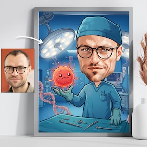 May include: A framed cartoon illustration of a doctor in an operating theatre. The doctor, wearing glasses and a blue surgical cap and scrubs, holds a red virus. Surgical tools are on a table. A smaller photo of the doctor is in the corner.