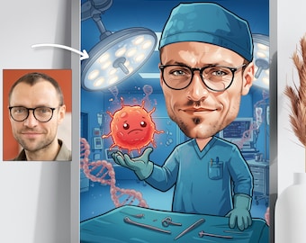 Caricatura personalizada de cirujano de virus - Dibujo médico digital - Póster de riesgo biológico, regalo para virólogos, laboratorios y decoración sanitaria