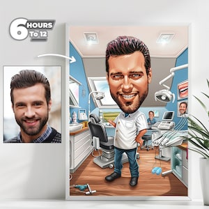 Ritratto di caricatura di dentista personalizzato - Dalla tua foto, regalo unico per dentisti, stile cartoon, download digitale