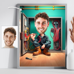 Custom Electrician Caricature - Funny Cartoon Worker Portrait - Unique Digital Handyman Gift for Engineers & Technicians - Workshop Art