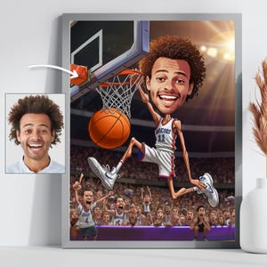 Personalized Basketball Caricature Drawing, Custom Funny Slam Dunk Cartoon Gift, Unique NBA Style Portrait for Baller & Basketball Lover