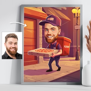 Custom Pizza Delivery Cartoon Caricature, Funny Chef Art Portrait, Unique Kitchen Decor Gift Idea, Personalized Pizza Gift for Foodie Lover