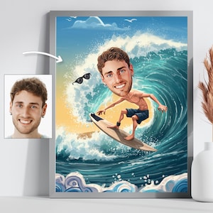 Caricature de surf personnalisée - portrait personnalisé de dessin animé de plage - cadeau surfeur amusant, art vague océanique pour les amoureux de l&#39;été, oeuvre d&#39;art numérique