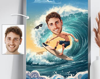 May include: A framed caricature of a man surfing a large wave. The artwork features a cartoon-style depiction of a surfer with a large head and sunglasses. The background shows a blue ocean and sky.