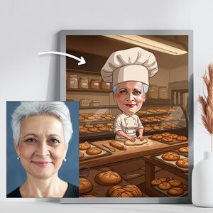 Anpassad bagarkarikatyr från foto, personligt porträtt av bagerikock - Professionell kökskonst, hantverksmässig brödbakare väggdekoration