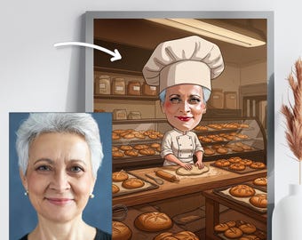 Caricatura de panadero personalizada a partir de una foto, regalo personalizado de retrato de chef de panadería, arte de cocina profesional, decoración de pared de panadero artesanal