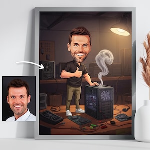 May include: A cartoon illustration of a person standing in a room with a computer tower and other computer parts. The person is giving a thumbs up and there is smoke coming from the computer tower.