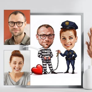 Niestandardowy portret pary z kreskówek | Cyfrowa sztuka więźnia policjanta | Zabawny prezent rocznicowy | Spersonalizowana karykatura miłosna
