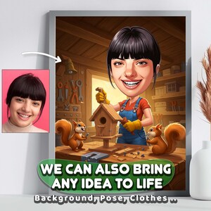 Op de afbeelding: Een ingelijste cartoonillustratie van een vrouw die een vogelhuisje bouwt, met eekhoorns en gereedschap op de achtergrond. De afbeelding bevat de tekst "WE CAN ALSO BRING ANY IDEA TO LIFE" en "Background, Pose, Clothes".