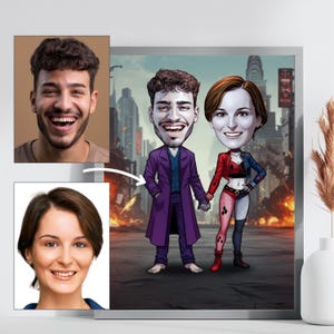 Ritratto di coppia di cattivi personalizzato, arte digitale personalizzata in stile fumetto, disegno di sfondo urbano, regalo per fan del cinema