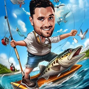 Op de afbeelding: Een cartoonillustratie van een persoon die vanaf een boot vist. De persoon draagt een wit shirt, blauwe shorts en een reddingsvest. Hij houdt een hengel en een molen vast. Een grote vis springt uit het water en er vliegen meeuwen boven.