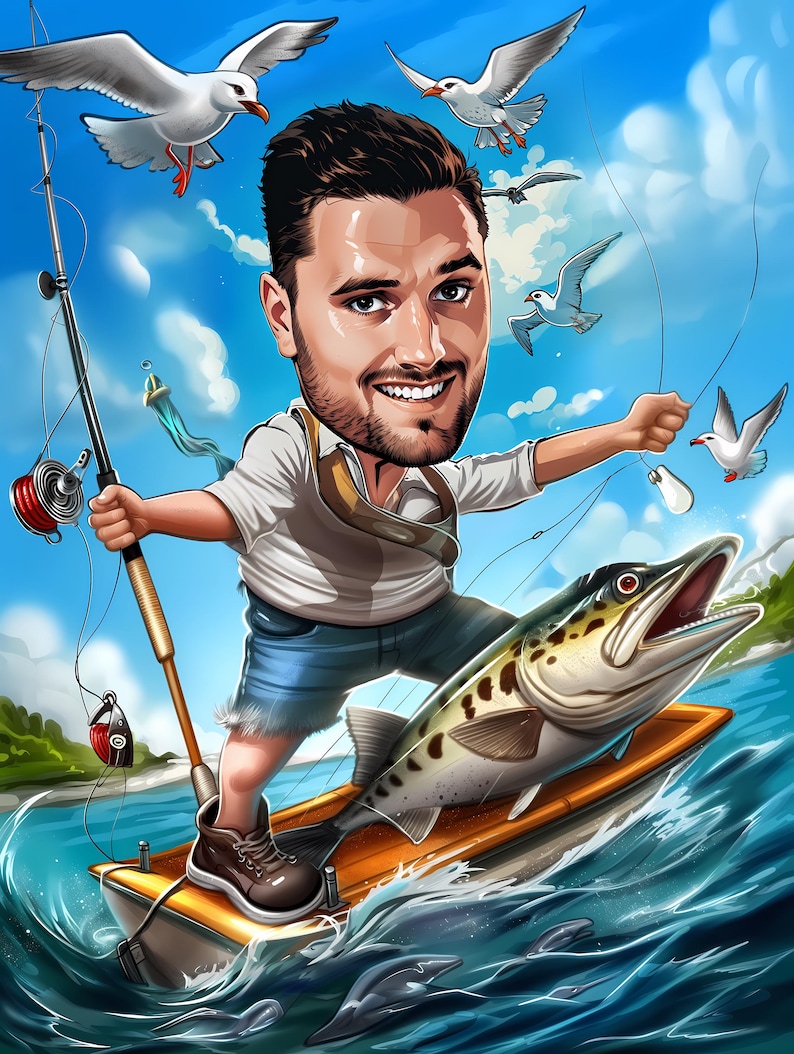 Op de afbeelding: Een cartoonillustratie van een persoon die vanaf een boot vist. De persoon draagt een wit shirt, blauwe shorts en een reddingsvest. Hij houdt een hengel en een molen vast. Een grote vis springt uit het water en er vliegen meeuwen boven.